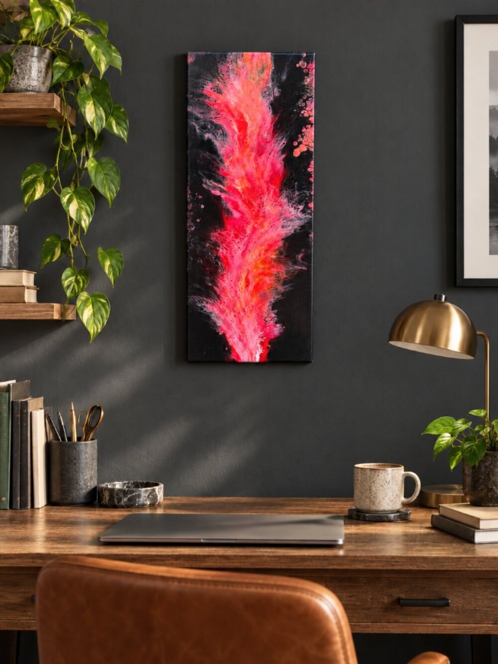 Original Abstract Acrylic Pour Painting Pink Red Orange Black Fluid Art Canvas